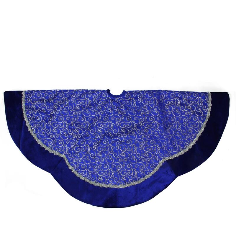 48" Royal Blue Silver Swirl Christmas Tree Skirt with Scalloped Trim