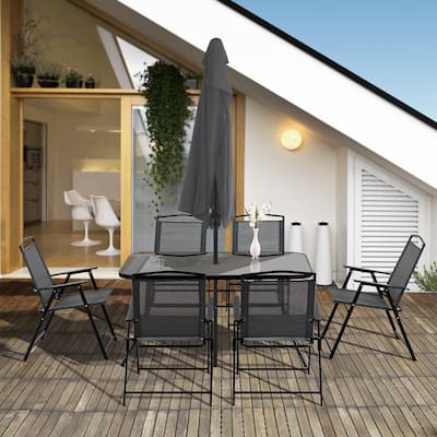 Outsunny 8 Piece Patio Dining Set with Table Umbrella, 6 Folding Chairs and Rectangle Dining Table, Outdoor Patio Furniture Set