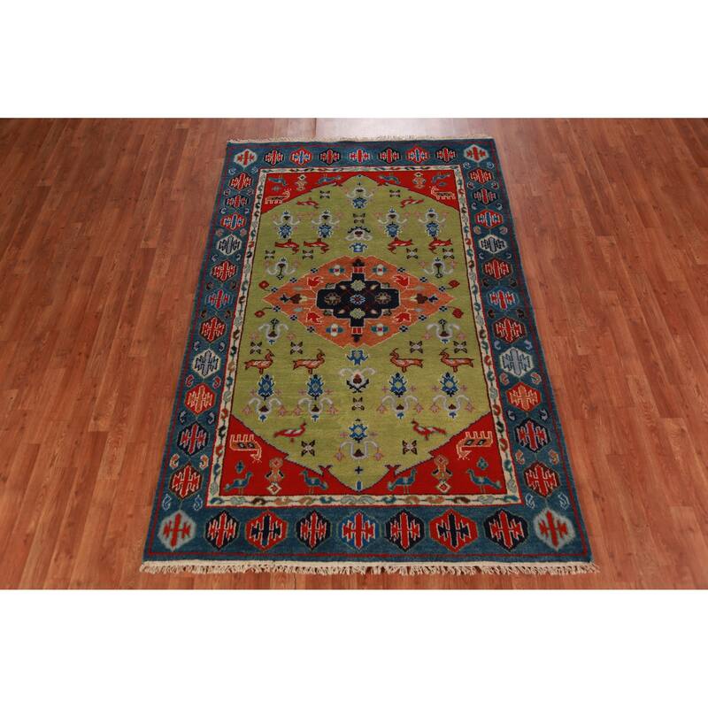 Animals Green Kazak Oriental Area Rug Handmade Wool Carpet - 4'10" x 7'7"