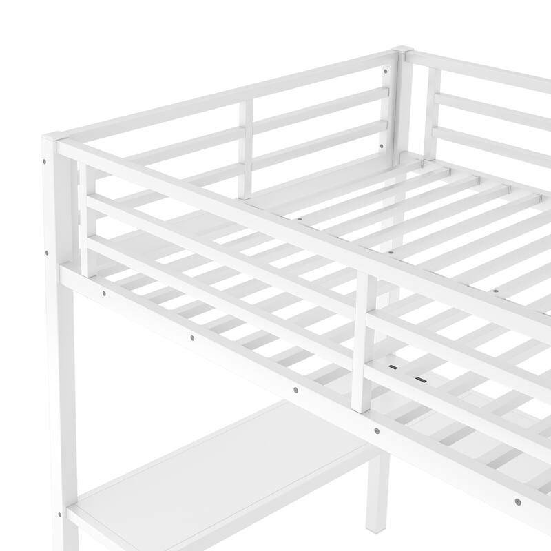 Full Size Metal Loft Bed - L-Shaped Desk with USB Ports, Wardrobe & Adjustable Shelves, LED Lighting for Teens & Adults