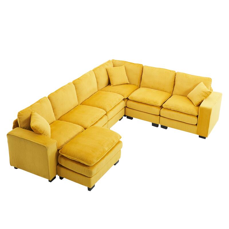 Corduroy Upholstered U-shaped Chaise Sectional Sofa Modular Sleeper Sofa Bed Deep Seat Couch with Ottoman and Pillows