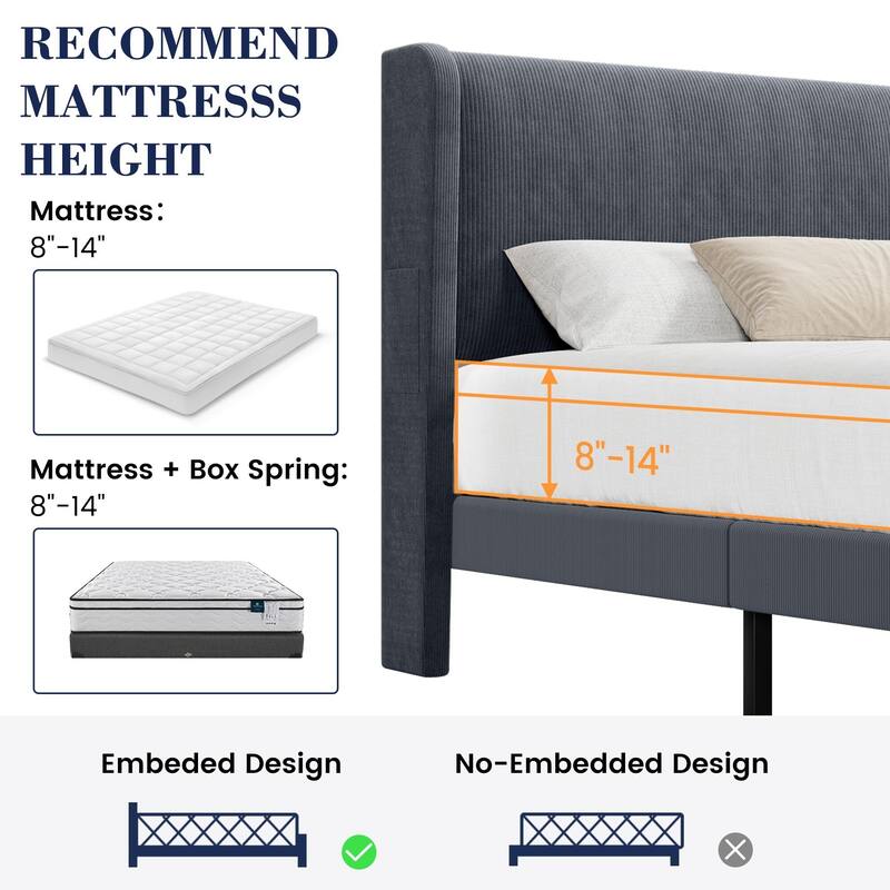 Platform Bed Frame with Upholstered Wingback Headboard