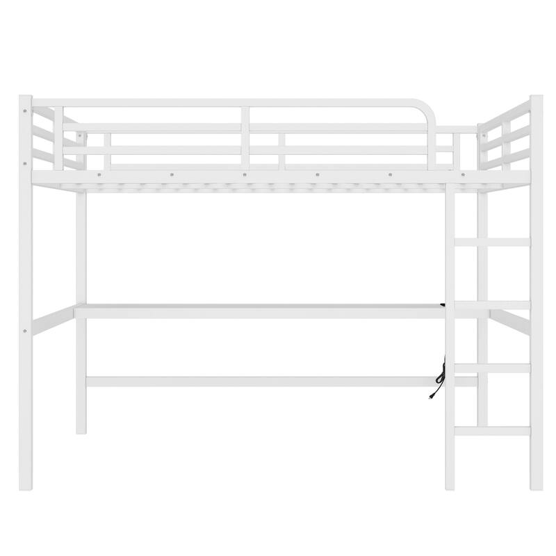 Queen Size Metal Loft Bed with Desk, USB Charging, LED Lights, and Power Outlet