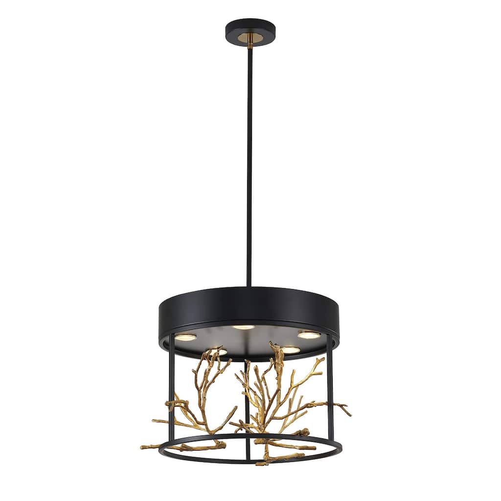 5-Light Matte Black Pendant With Gold Branch Accents