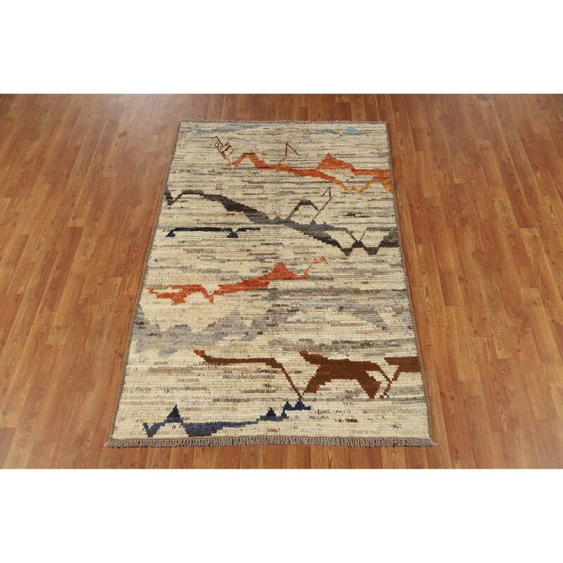 Moroccan Oriental Rug Handmade Beige Geometric Wool Carpet - 3'10" x 6'0"