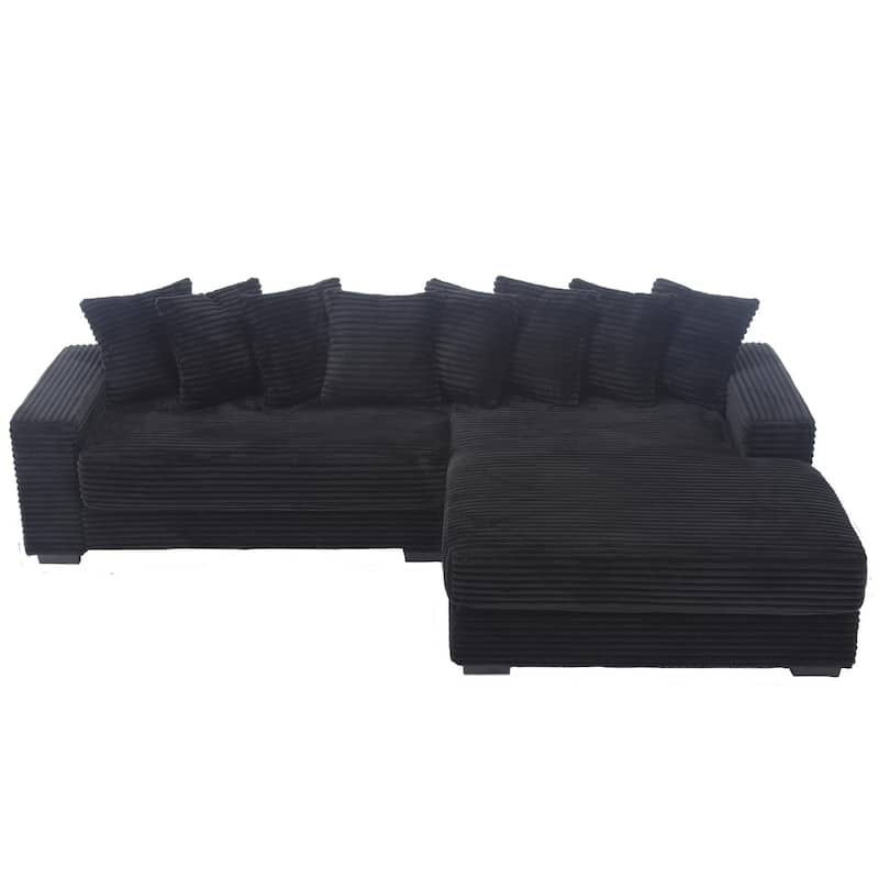 111" Corduroy Upholstered L-Shaped Sectional Sofa with Oversized Chaise Longue and 8 Throw Pillows