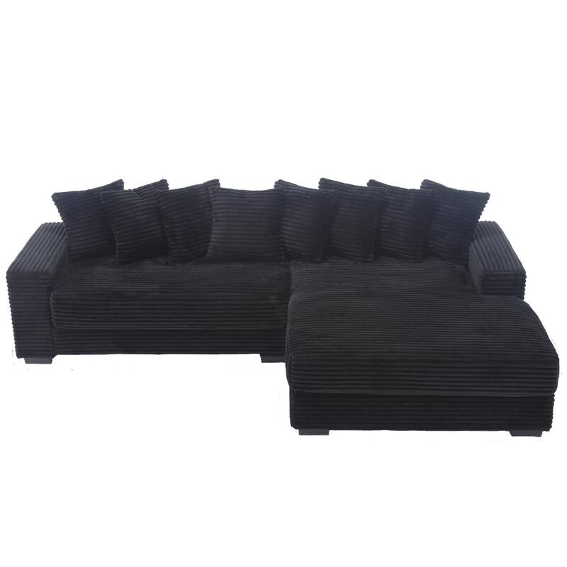 Oversized Two-Piece Corduroy L Shaped Sofa with Right Chaise Daybed and Eight Throw Pillows, Black