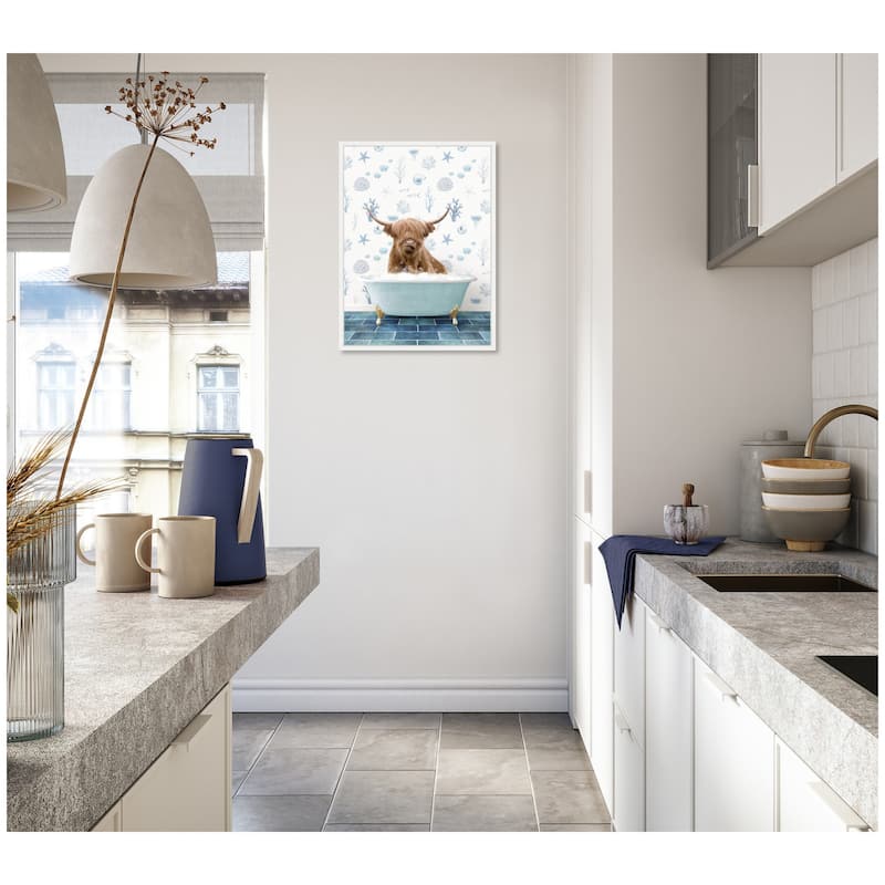 Kate and Laurel Sylvie Highland Cow in Under the Sea Bathtub Framed Canvas by Amy Peterson