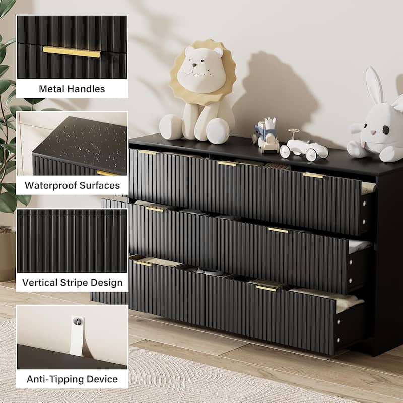 7 Drawer Dresser Fluted Wood Clothes Storage Cabinet, Modern Wide Dresser for Bedroom