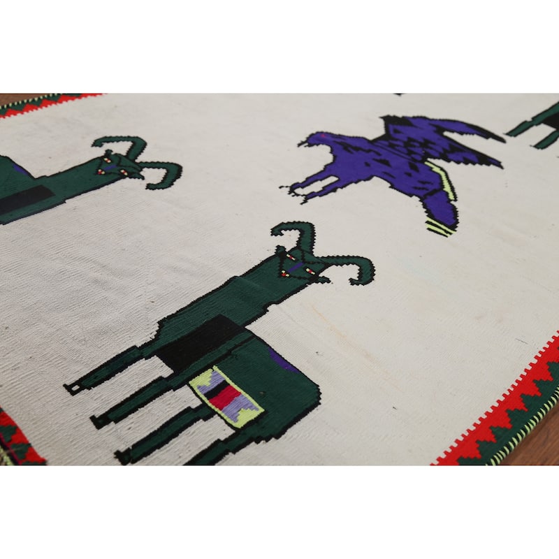 Animals Tribal Kilim Persian Vintage Foyer Rug Hand-Woven Wool Carpet - 2'10"x 4'3"