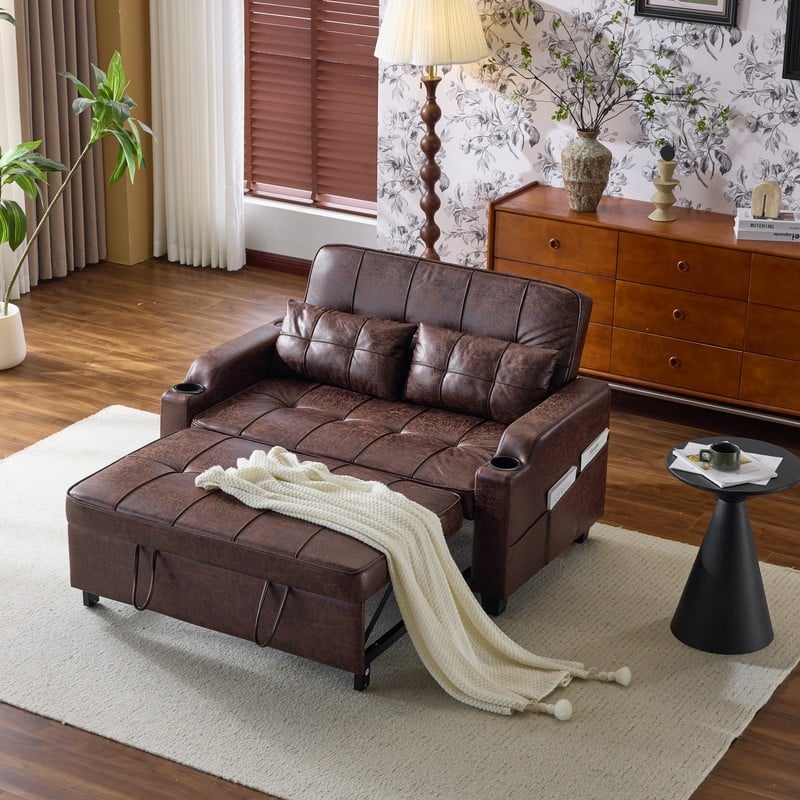 Upholstered Cat's Claw Leather Convertible Reclining Sleeper Sofa Bed With Cushions For Small Spaces