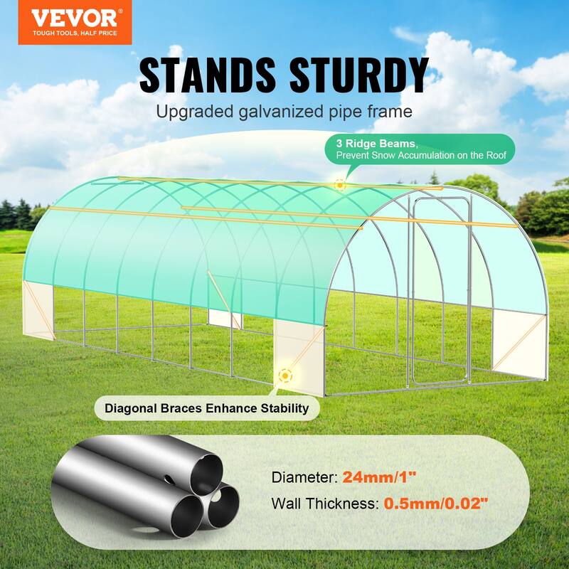 Walk-in Tunnel Greenhouse, Hoop House Greenhouse Tunnel, Plant Hot House with Galvanized Steel Frame, Green PE Cover