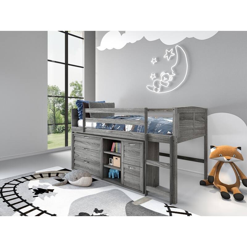 Taylor & Olive Dardanelle Grey Wood Twin Low Loft Bed - Twin Loft - 3 Drawer Chest, 2 Drawer Chest