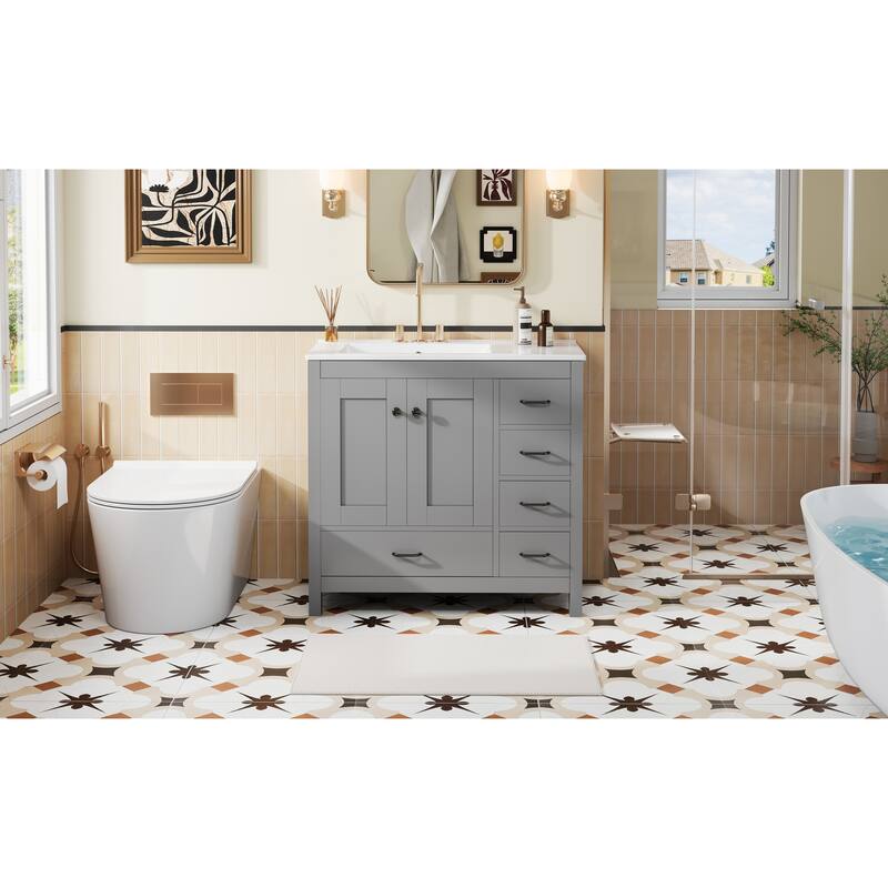 36" Blue Bathroom Vanity With Ceramic Sink Combo, Abundant Storage Cabinet -2 Soft Close Doors And 5 Drawers
