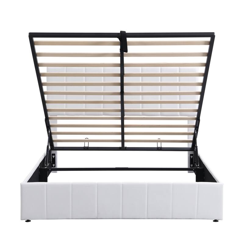 Queen Size Upholstered Platform Bed with Hydraulic Storage in White