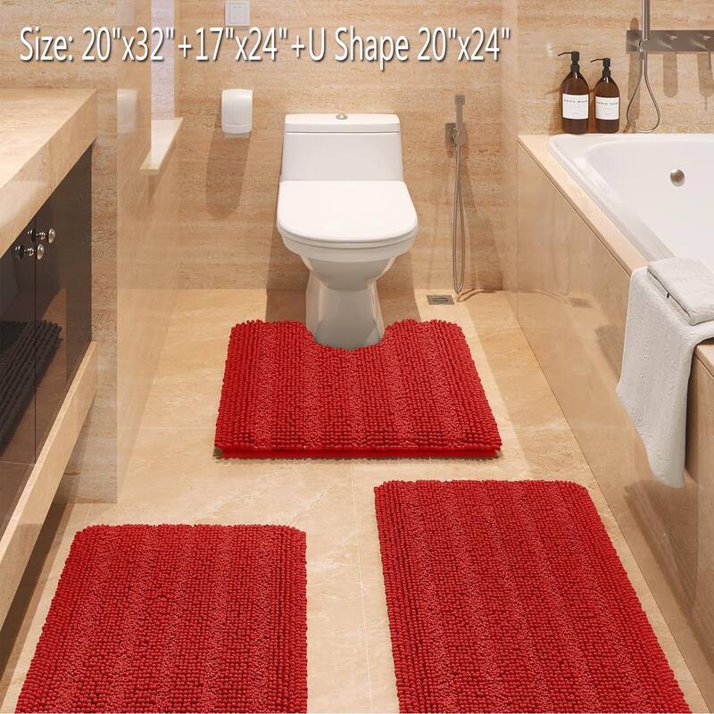 Ultra Soft Striped Non Slip Chenille Bathroom Rug Set 3 Pieces - Red
