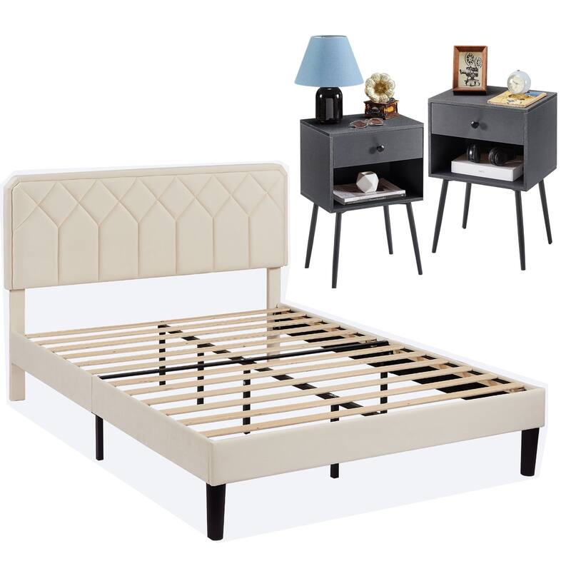 VECELO 3-Pieces Upholstered Platform Bed Frame with Adjustable Headboard and Nightstands Set of 2, Beige