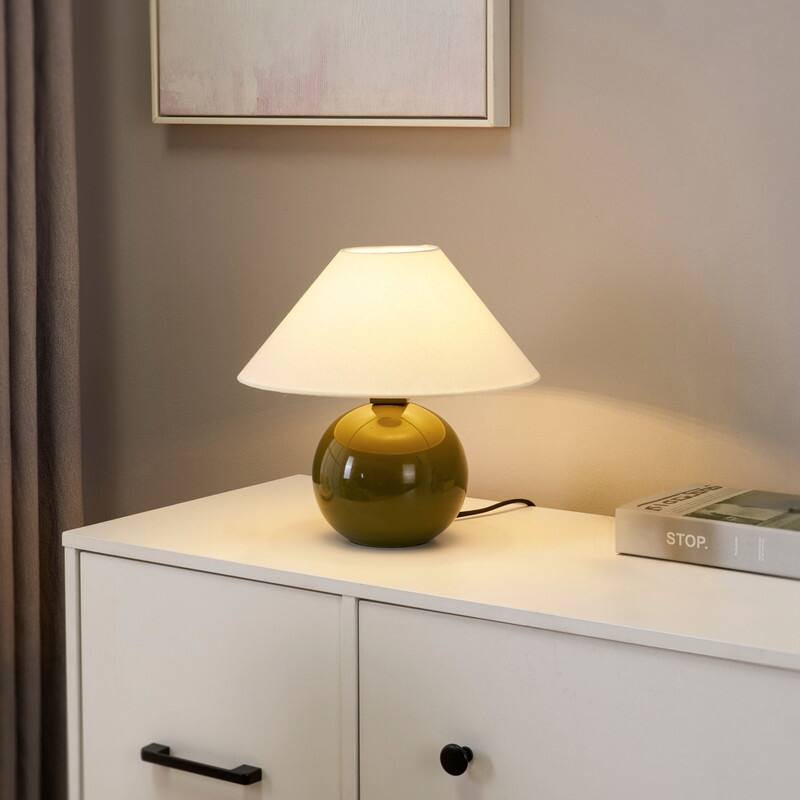 Brightech Fiona LED Olive Green Ceramic Midcentury Round Globe Bedside Nightstand Desk Lamp with Cream Cotton Empire Shade