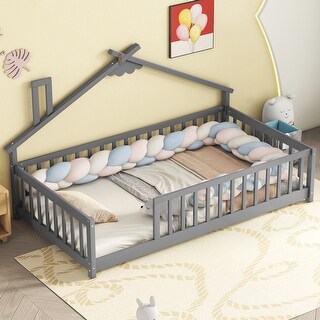 Grey Twin Size Pine Wood House-Shaped Floor Bed without Door