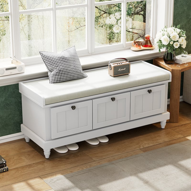 Storage Bench with Cushioned Seat & 3 Drawers, Wooden Entryway Storage Bench, Shoe Bench with Hidden Storage Space