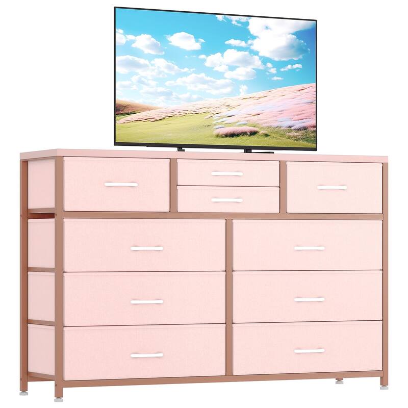 Fabric Dresser with 10 Drawers,47" TV Stand Dresser - Pink