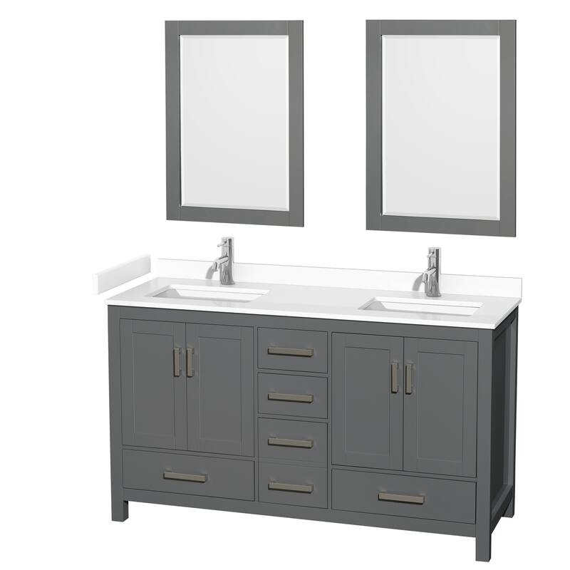 Sheffield Double Bathroom Vanity Set, Cultured Top, 24-Inch Mirrors - 60-Inch Double - Dark Gray, White Cultured Marble Counter