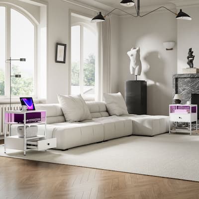 Set of 2 White End Tables with Drawer and 3-Tier Shelf USB Charging Ports and AC Outlets - 17.3" L x 15" W x 22.8" H