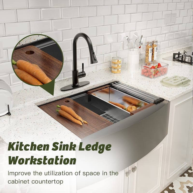 Farmhouse/Apron-Front Nano PVD Gunmetal Black Stainless Steel Workstation Kitchen Sink with 2-Function Pull-Down Kitchen Faucet