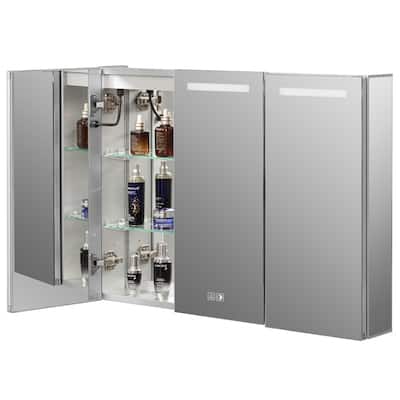 3-Door Medicine Cabinet with Anti-Fog LED Mirror, Surface or Recessed Mount, 2 Adjustable Glass Shelves, Silver