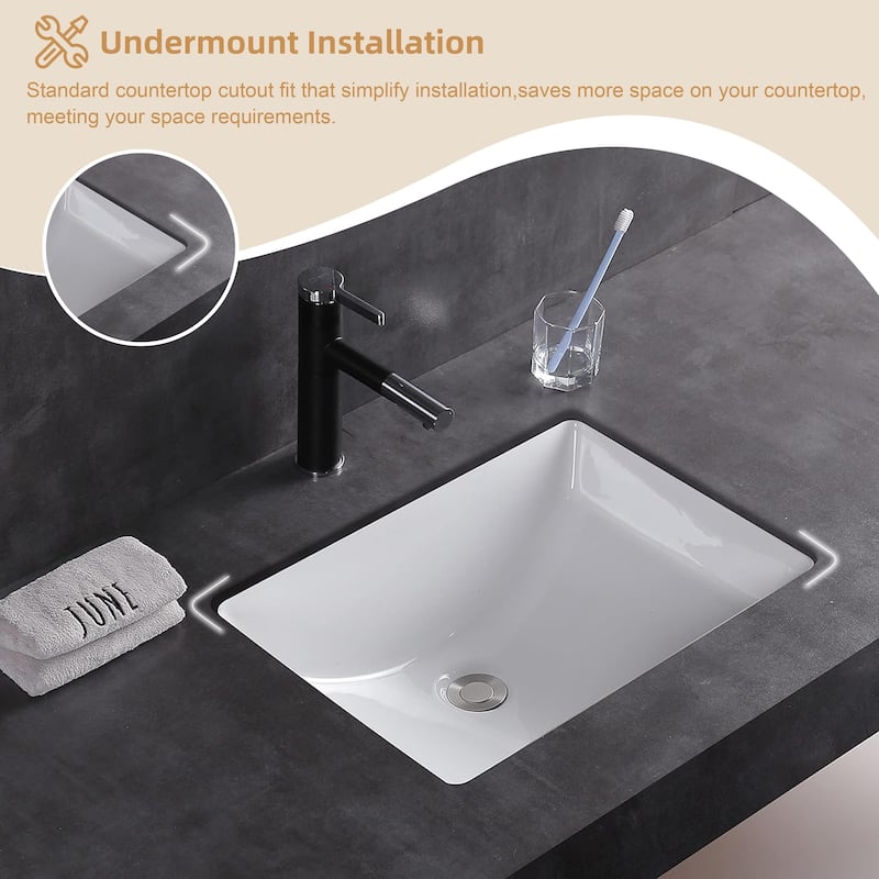 CB HOME 20'' x 14'' Undermount Bathroom Vanity Sink, Rectangle White Ceramic Bathroom Sink-(20-5/8''x14-1/2''x8-1/4'')