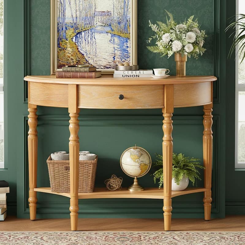Half-Moon Farmhouse Console Table with Drawer & Shelf by Harper&Bright Designs - Natural