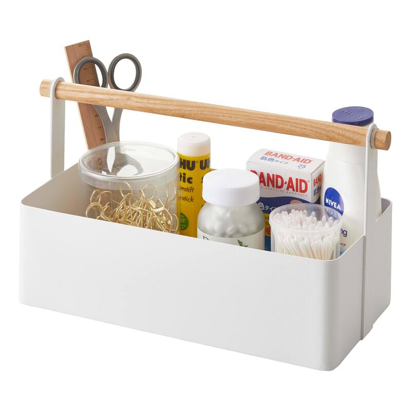 Yamazaki Home Storage Caddy - 2 Sizes, Steel and Wood, Small/Large - L 5.12 x W 6.3 x H 6.3 inches