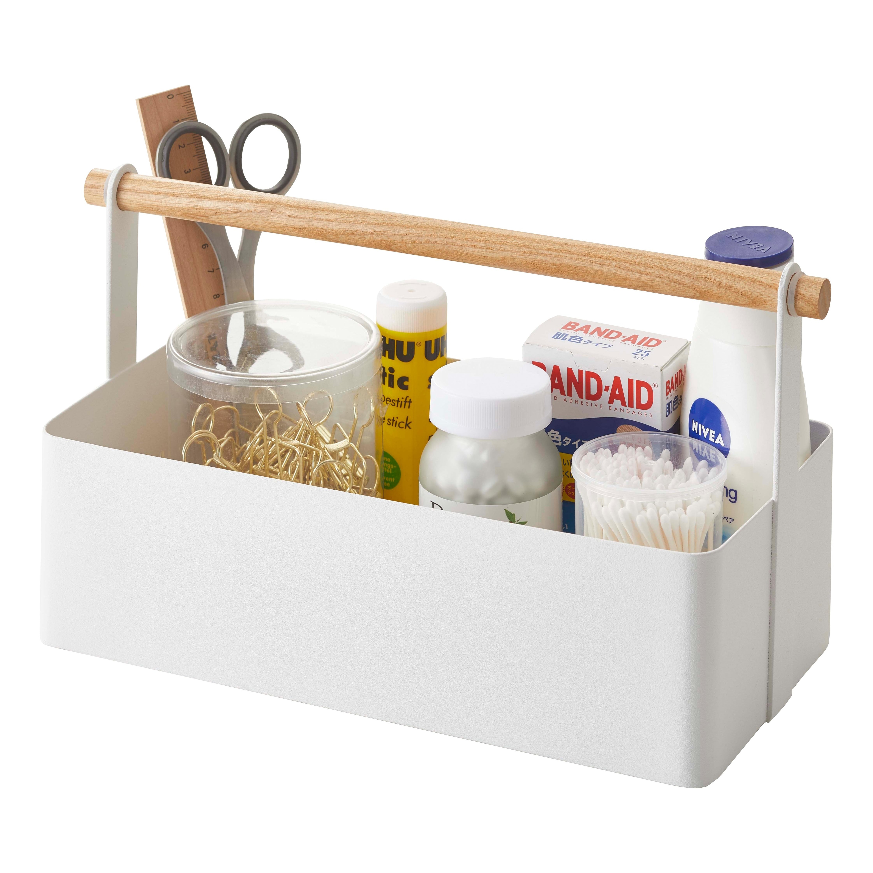 Yamazaki Home Storage Caddy - 2 Sizes, Steel and Wood, Small/Large - L 5.12 x W 6.3 x H 6.3 inches