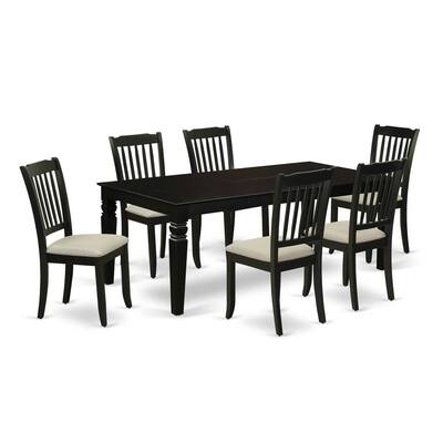 7Pc Dinette Set - Black Kitchen Table with Leaf & 6 Linen Chairs - 84