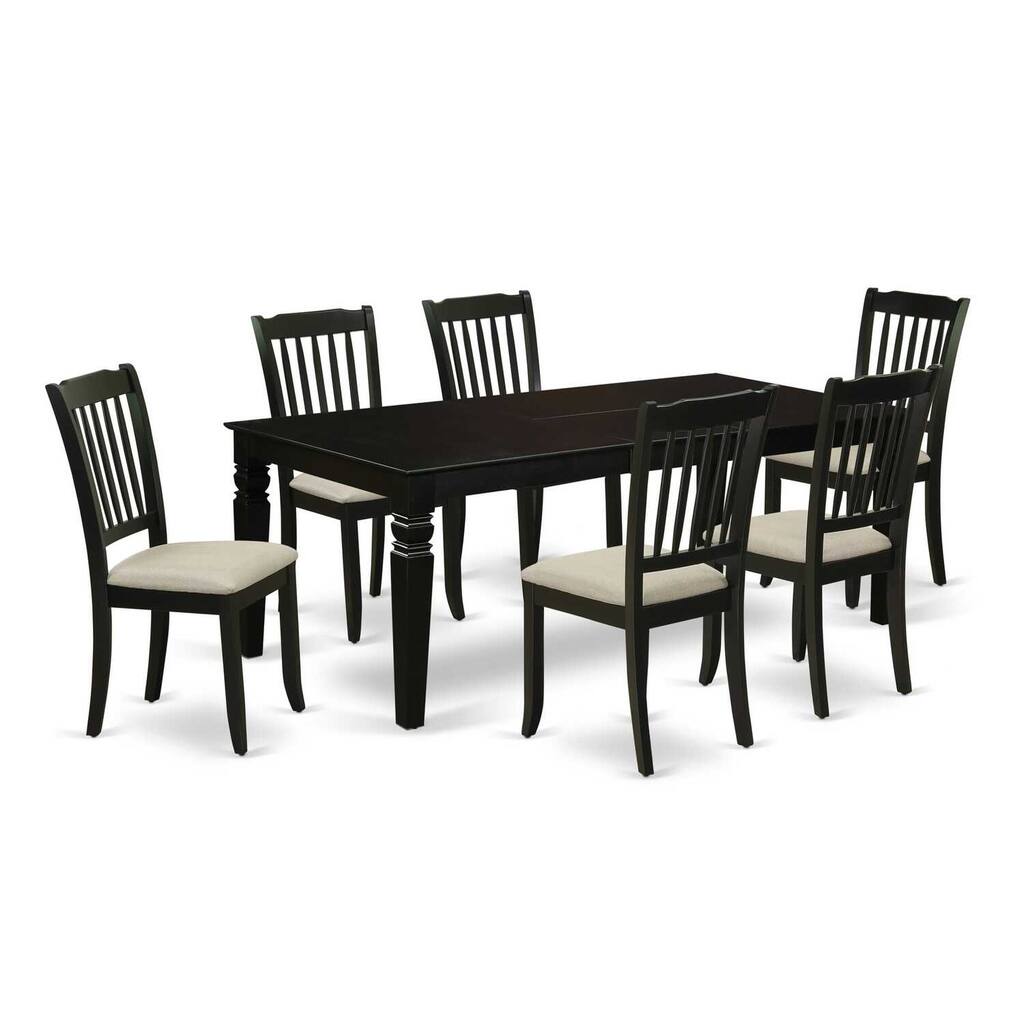 7Pc Dinette Set - Black Kitchen Table with Leaf & 6 Linen Chairs - 84