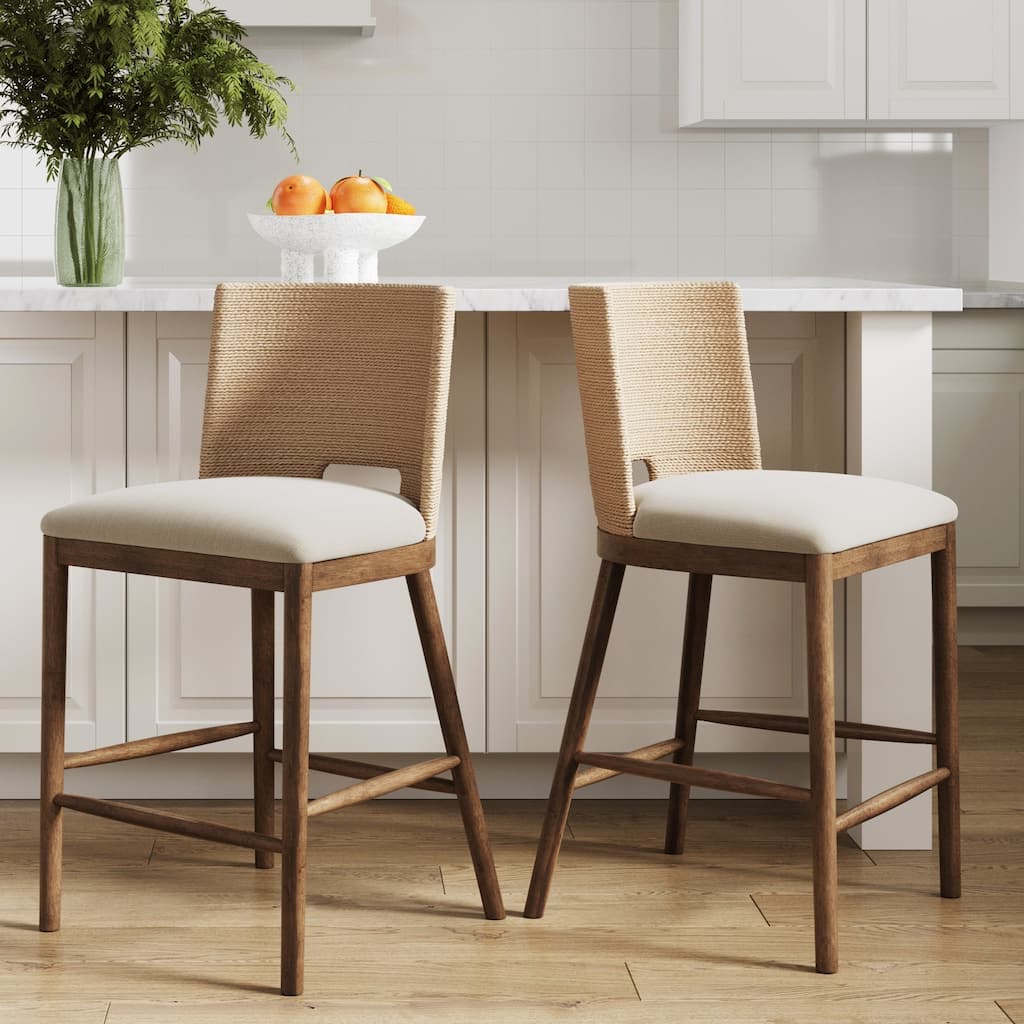 Webster Bohemian Round Back Bar Stool Set, Upholstered Bar Stool with Seagrass Backrest for Kitchen or Bar
