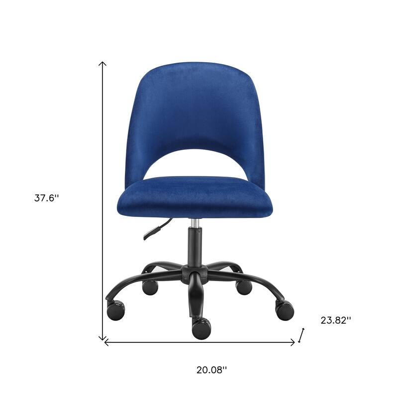Blue And Black Steel And Velvet Adjustable Swivel Rolling Office Chair