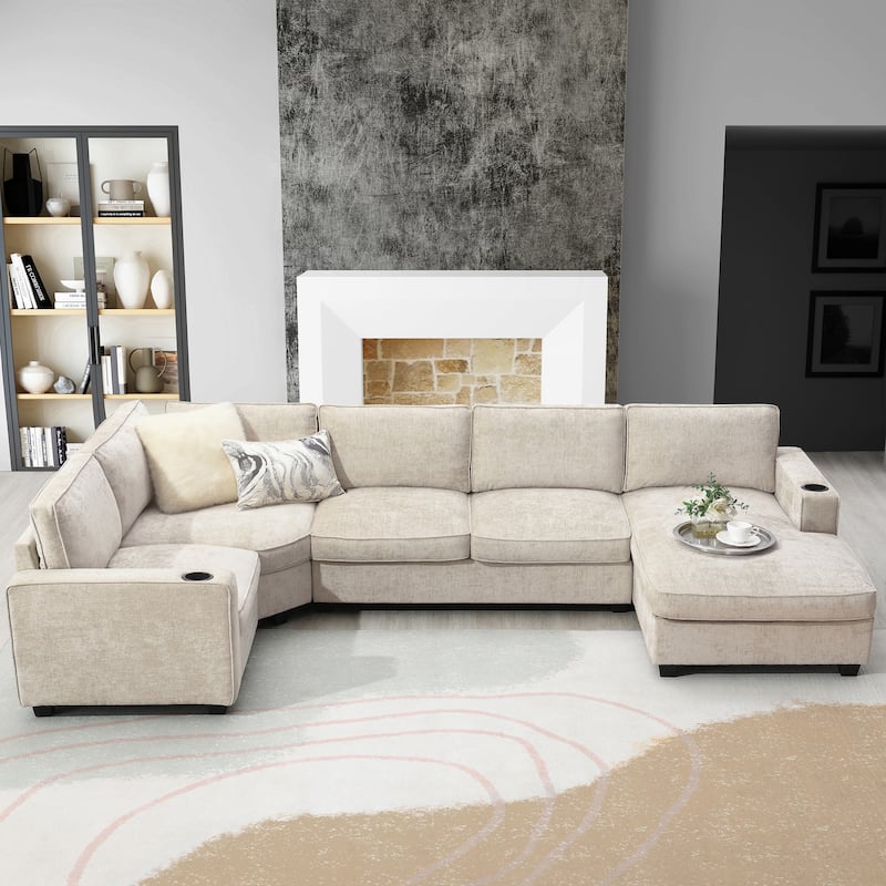 U-Shaped Sectional Sofa Sleeper Bed Chaise Lounge with Cup Holders
