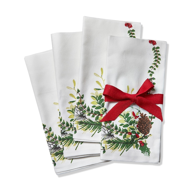 Winter Sprig White Cotton Napkin with Pinecone and Holly Set Of 4 - 20 x 20