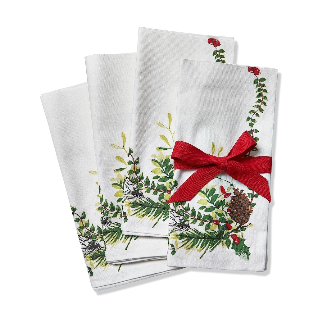 Winter Sprig White Cotton Napkin with Pinecone and Holly Set Of 4 - 20 x 20