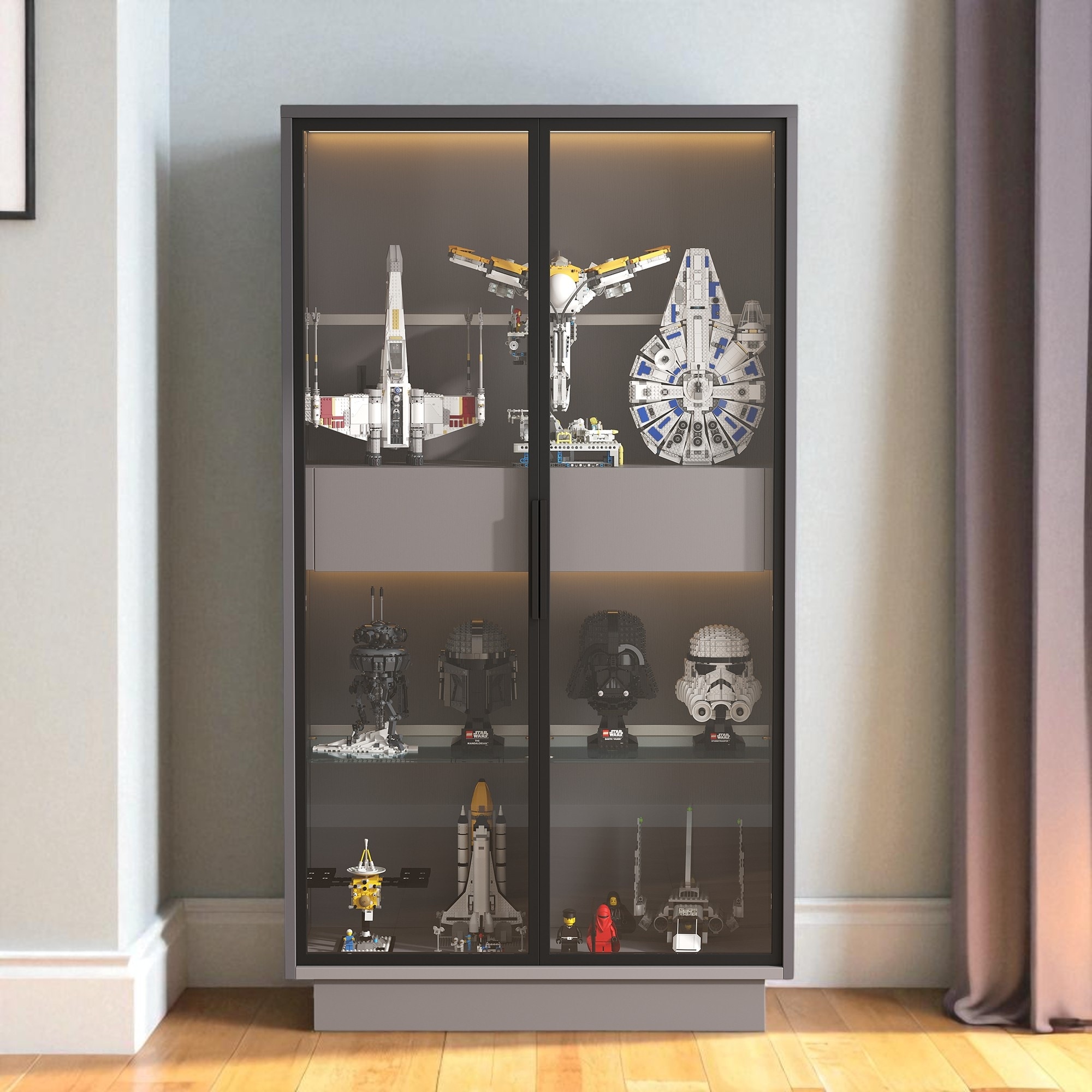60.6" Modern Display Cabinet with Glass Doors, LED Lights, Adjustable Shelves and 2 Storage Drawers