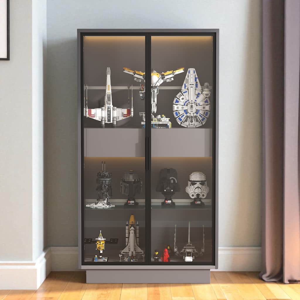 60.6" Modern Display Cabinet with Glass Doors, LED Lights, Adjustable Shelves and 2 Storage Drawers