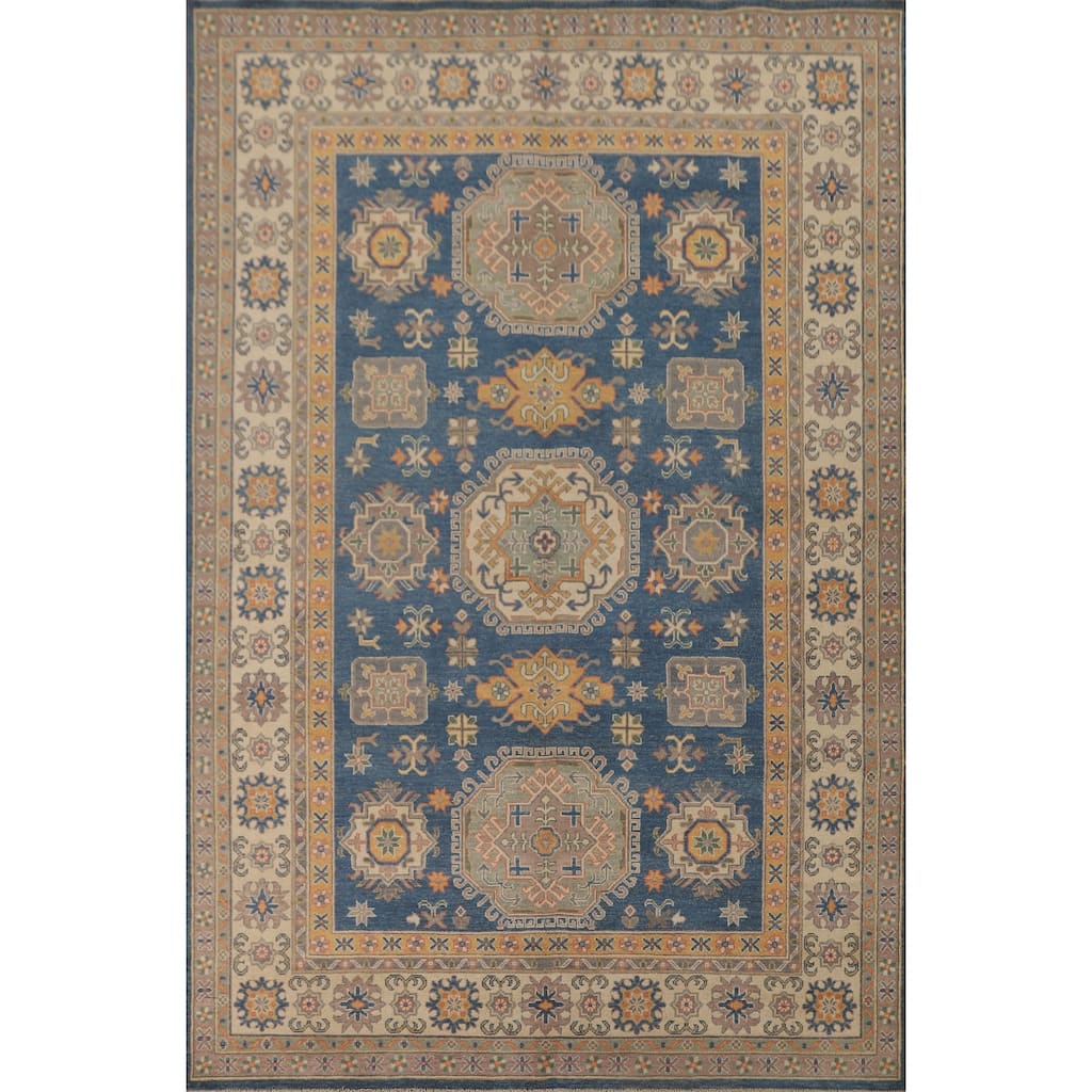 Blue Kazak Living Room Area Rug Handmade Wool Carpet - 6'8" x 9'9"