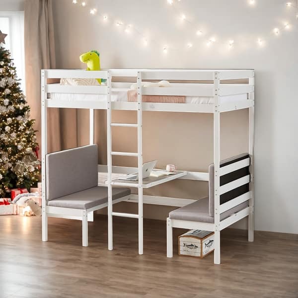slide 2 of 10, Twin Over Twin Bunk Bed, Turn into Upper Bed and Down Desk, White White