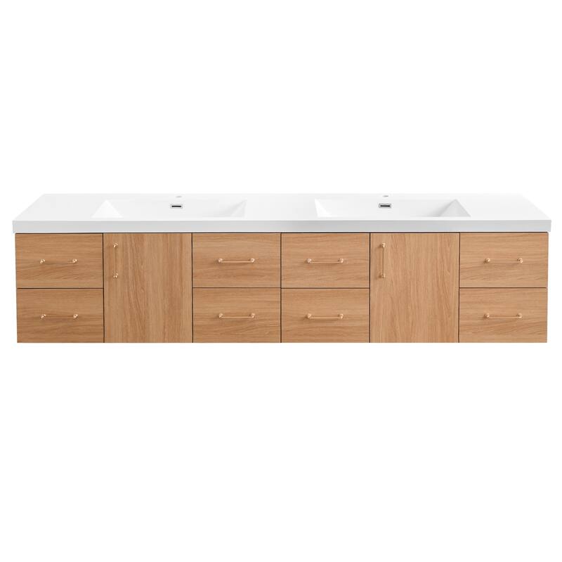 StellarArc 84 in Wall Mounted Double Sink Bathroom Vanity with Integral Sink Top - Oak Finish/Wood Finish - Brown
