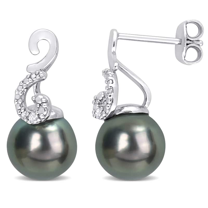 Miadora 9mm Black Tahitian Cultured Pearl Diamond Accent Swirl Stud Earrings Sterling Silver