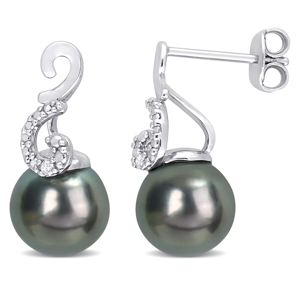 Miadora 9mm Black Tahitian Cultured Pearl Diamond Accent Swirl Stud Earrings Sterling Silver