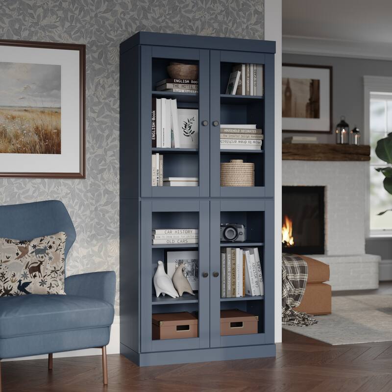 100% Solid Wood 6-Shelf Bookcase with Optional Doors by Palace Imports - 4 Dr Glass - Antique Blue