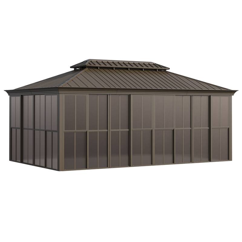 Hardtop Gazebo with Double Steel Roof, Sliding/Lockable Doors & Screens - All-Season Rustproof Aluminum Frame，Advanced Drainage