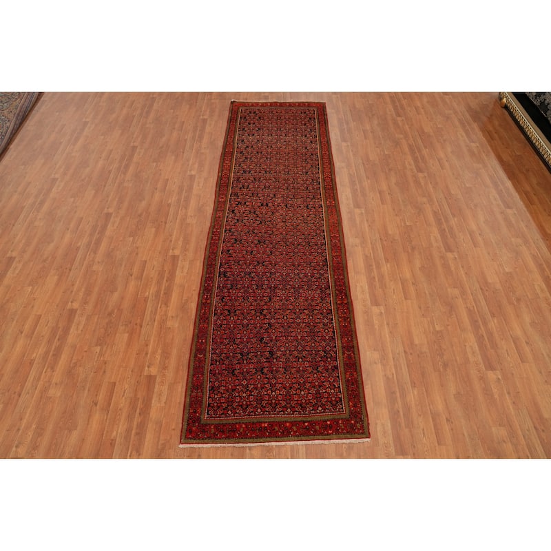 Hand Knotted Oriental 100% Wool Carpet Traditional Geometric Oranges & Rust Malayer Runner Rug - 12' 3'' X 3' 7''